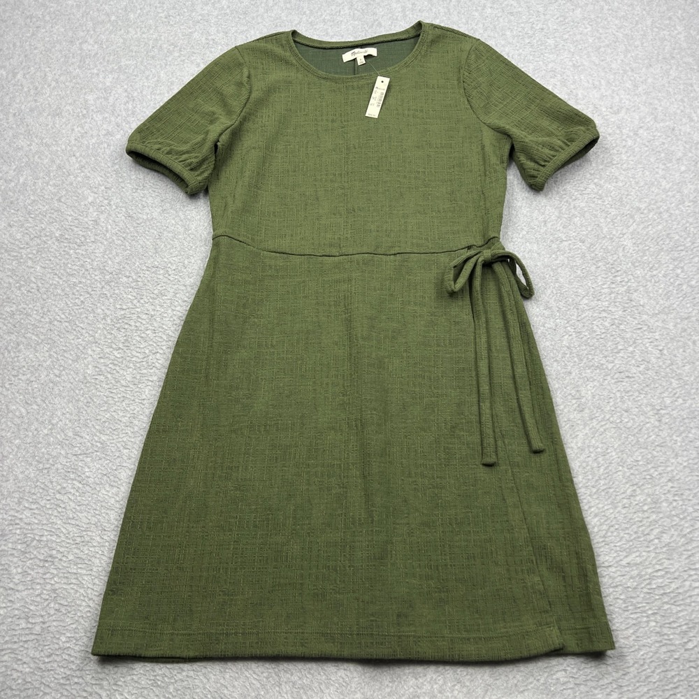 NEW Madewell Dress Womens Small Green Crosshatch Puff-Sleeve Faux-Wrap Mini Tie